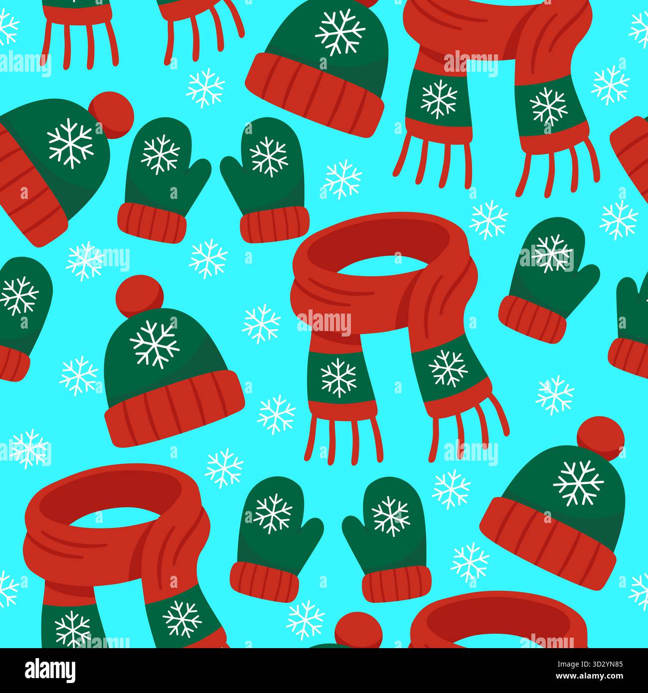 Winter hats and mittens seamless pattern on blue background Stock Vector