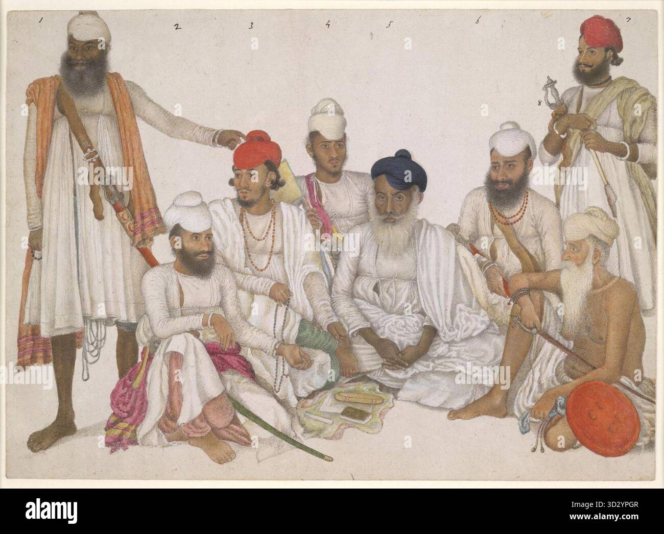 Painting of eight Sikh courtiers and servants of the Raja of Patiala ...