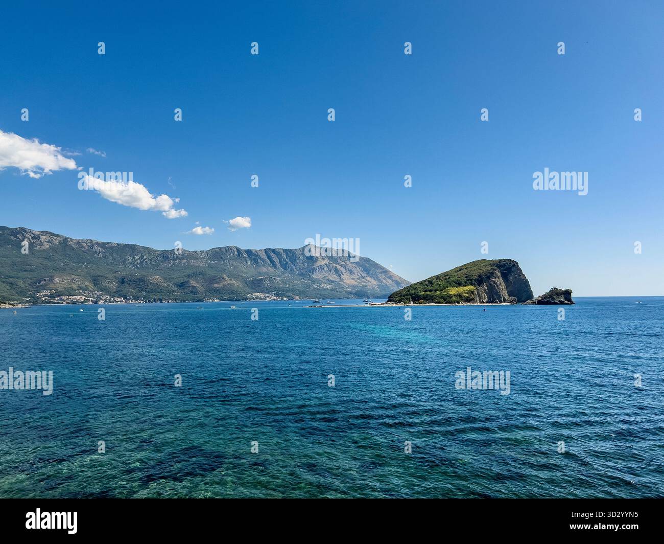 Scenic view of mountains and sea near Budva, St. Nikola Island, Montenegro - Smartphone Captured Stock Image