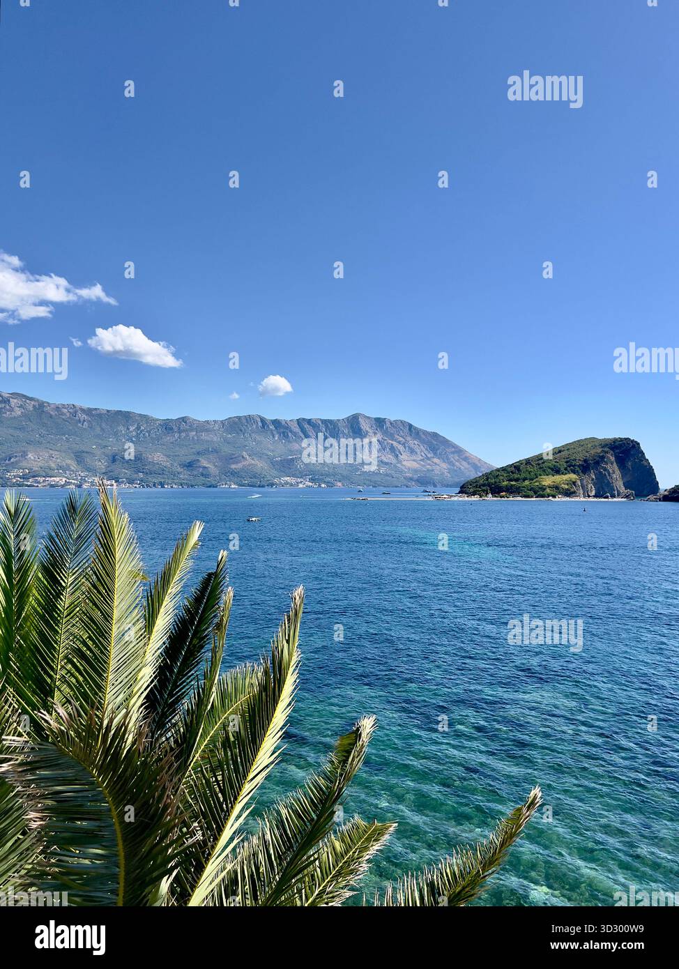Scenic view of mountains and sea near Budva, St. Nikola Island, Montenegro - Smartphone Captured Stock Image