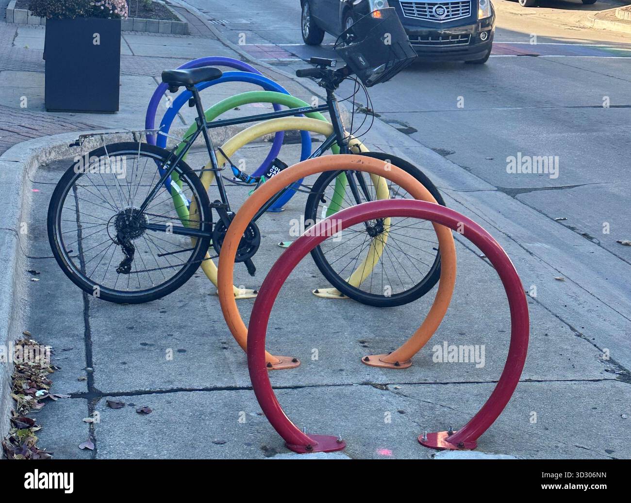 A bicycle is parked at a rainbow themed bike rack along Nine Mile Road