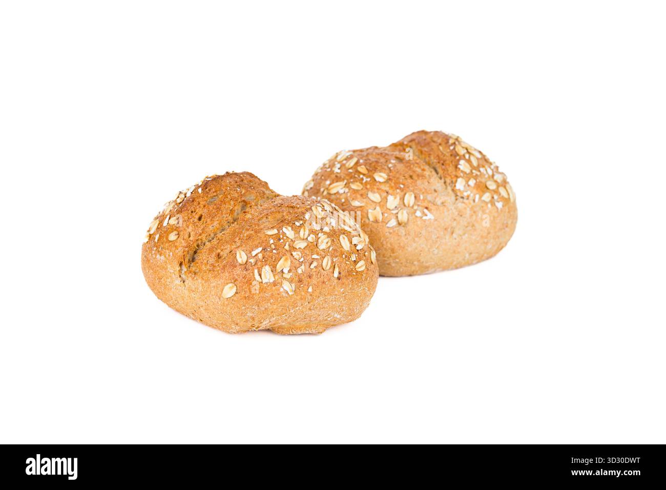 Crispy bread rolls with oat isolated on white background. Fresh crispy bread rolls. Two bread rolls on white. Stock Photo