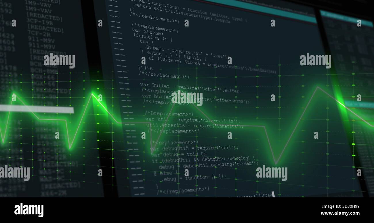 Displaying neon green ECG waveform over grid on two monitors showing code in dark workspace Stock Photo