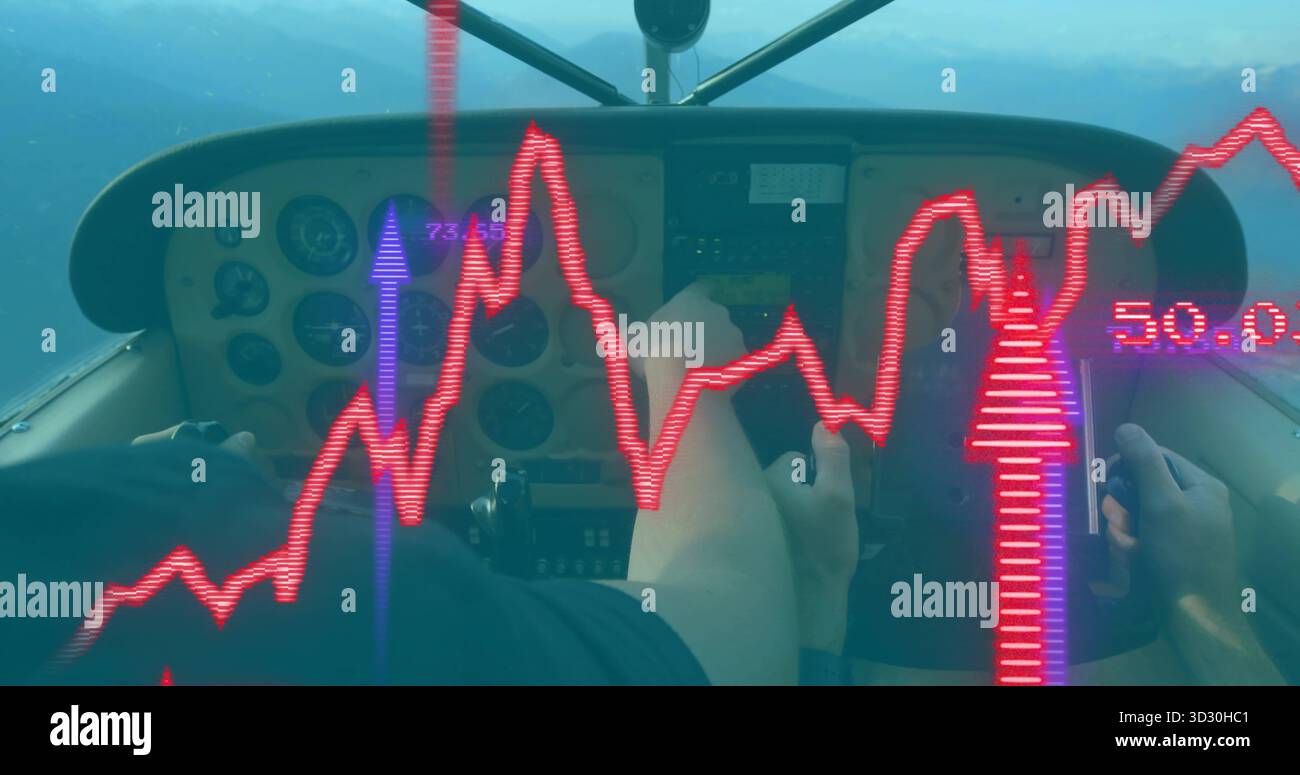 Operating dual yokes while pilots monitoring analog gauges in cockpit, with red chart overlay Stock Photo