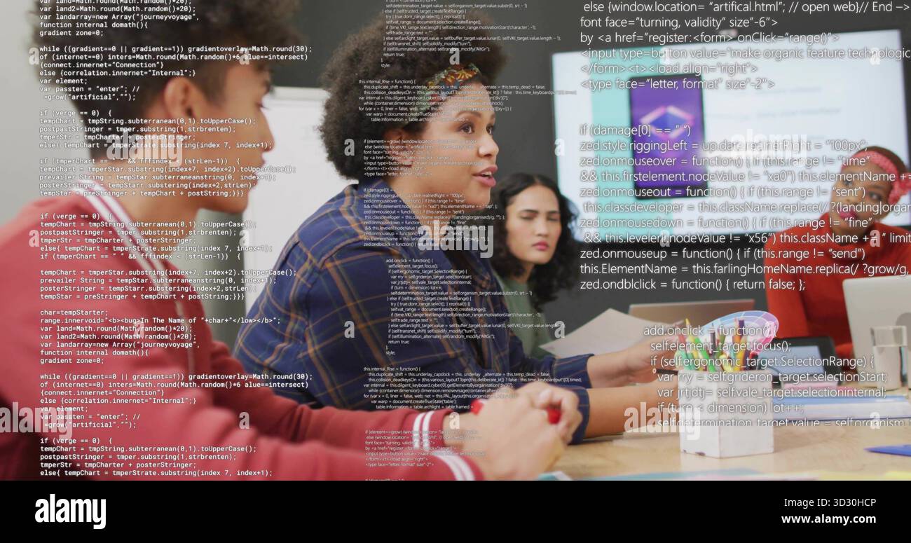 Curly-haired developer leading discussion in conference room with laptops smartphone documents code Stock Photo