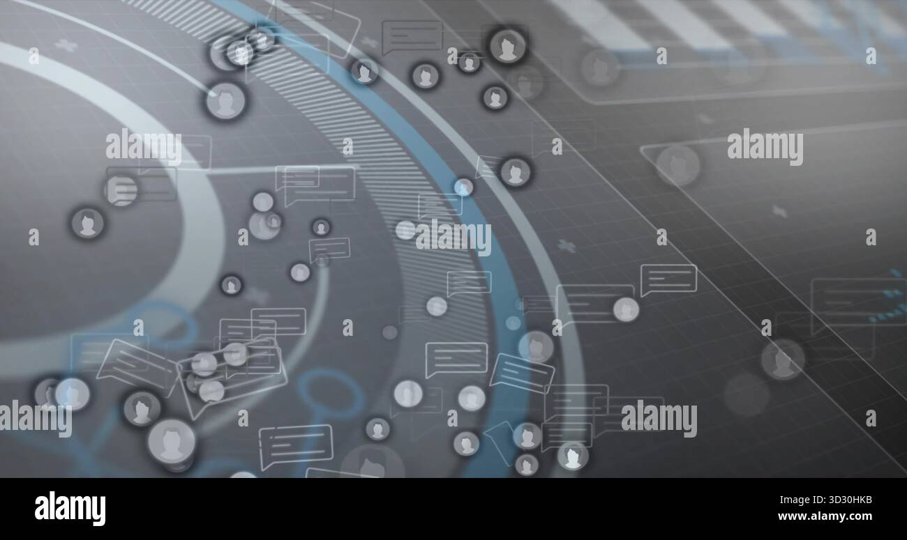 Showing network map in cyberspace, with data rings and grid lines, user ...