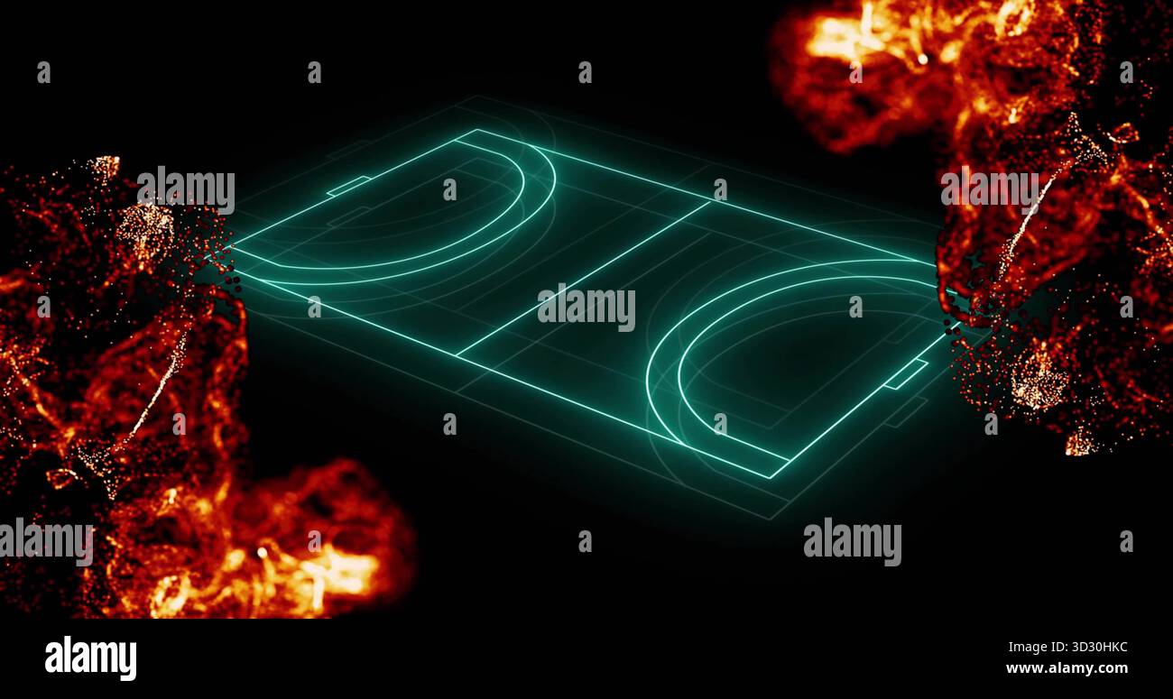 Floating neon court wireframe hovering in digital void, with flanking red-orange particle clusters Stock Photo