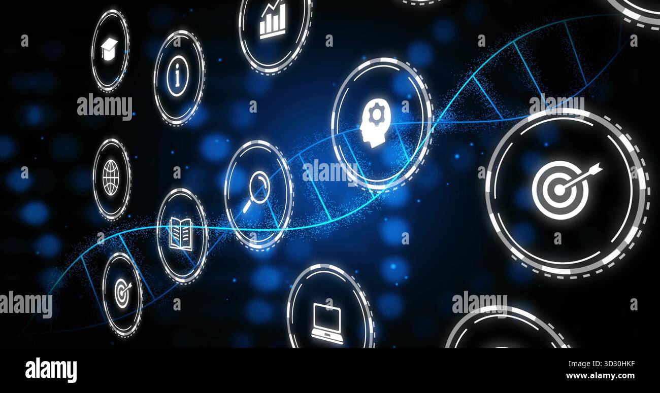 Spiraling icons weaving along DNA strand in tech space, with education ...