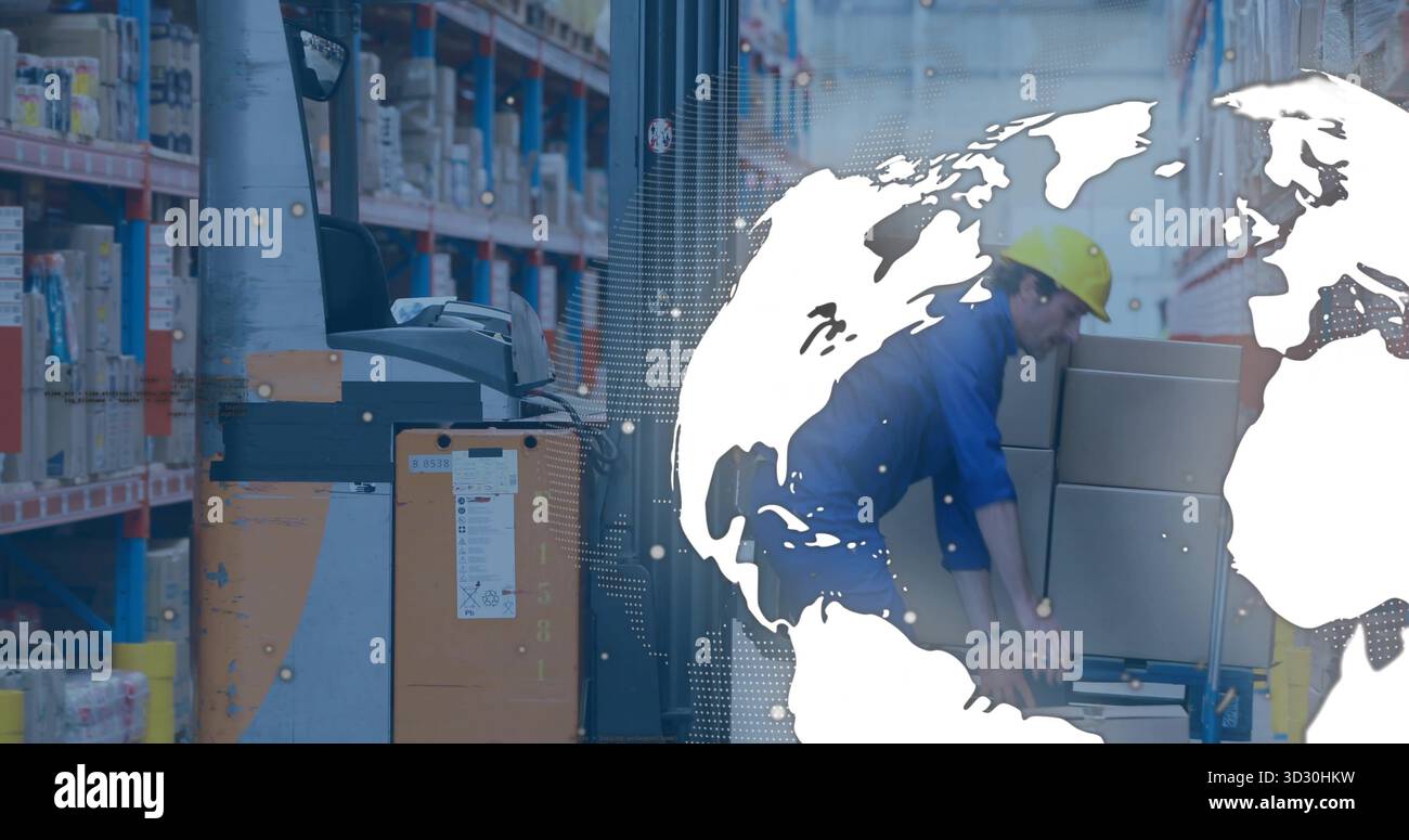 Bending warehouse worker lifting boxes onto electric pallet jack at ...