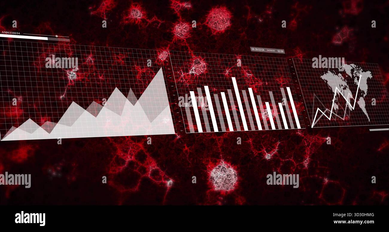Three data panels displaying on analytics dashboard, with area chart bar chart world map line chart Stock Photo
