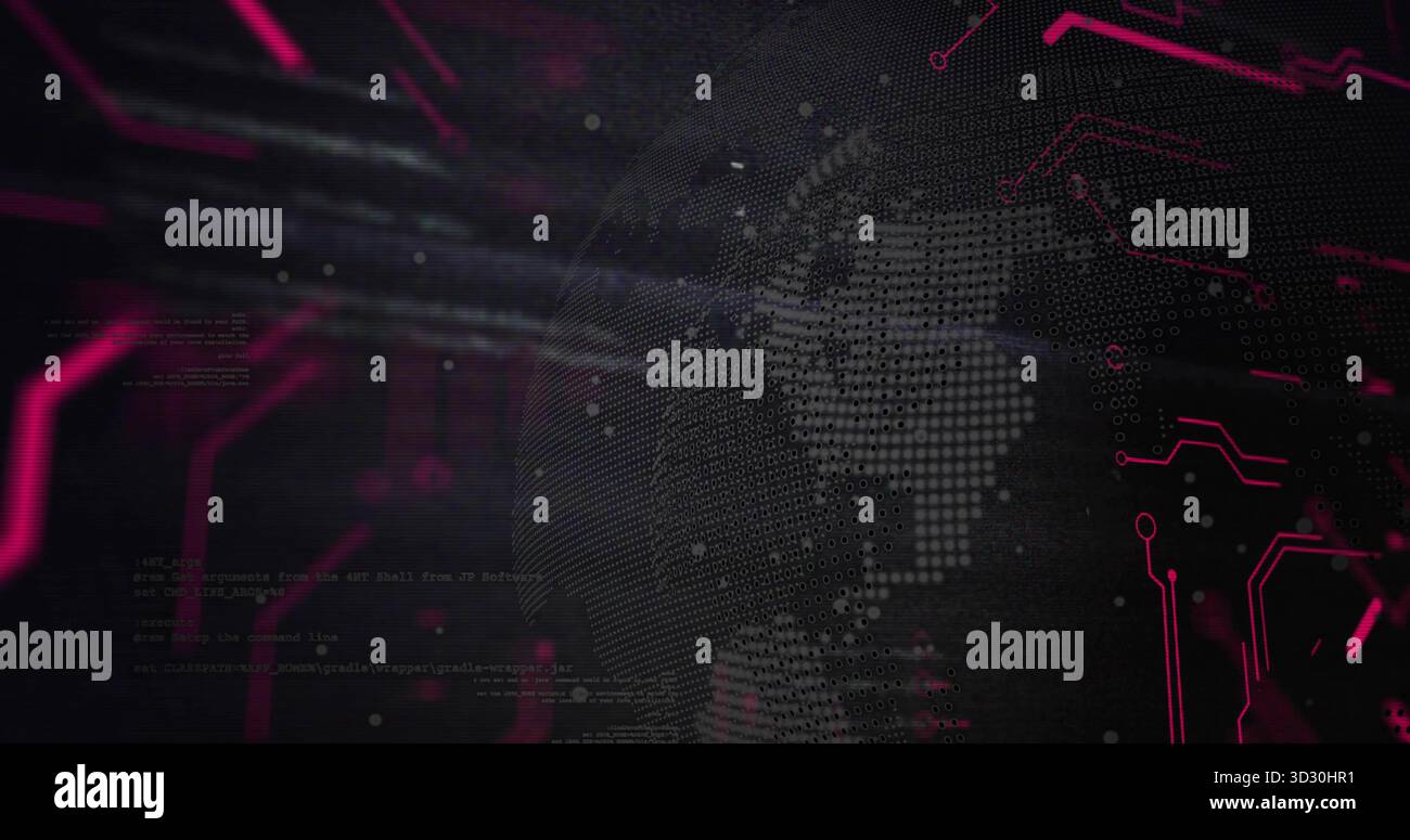 Showcasing stylized dotted globe pulsing over virtual digital interface, with neon circuit traces Stock Photo