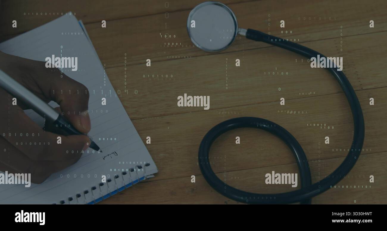 Writing hand holding black pen on lined notebook at desk, stethoscope, binary overlay, copy space Stock Photo