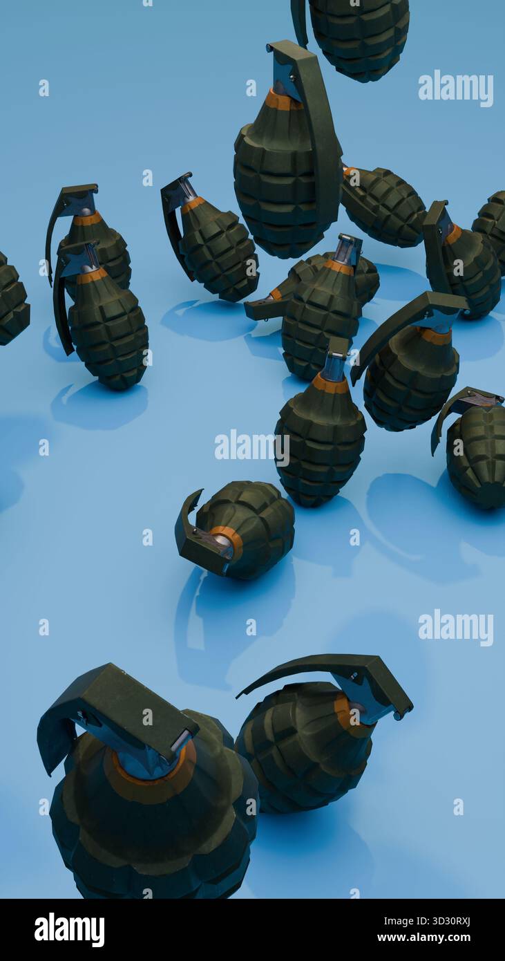 A vertical still life showing numerous hand grenades scattered across a ...