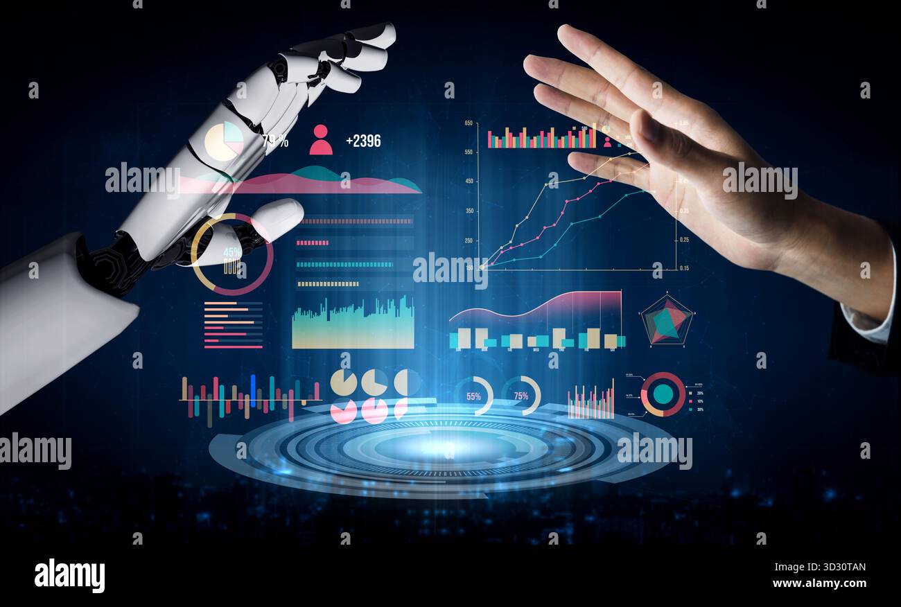 A striking image showcasing the interaction between a human hand and a robotic arm, surrounded by various data visualizations, symbolizing the future Stock Photo
