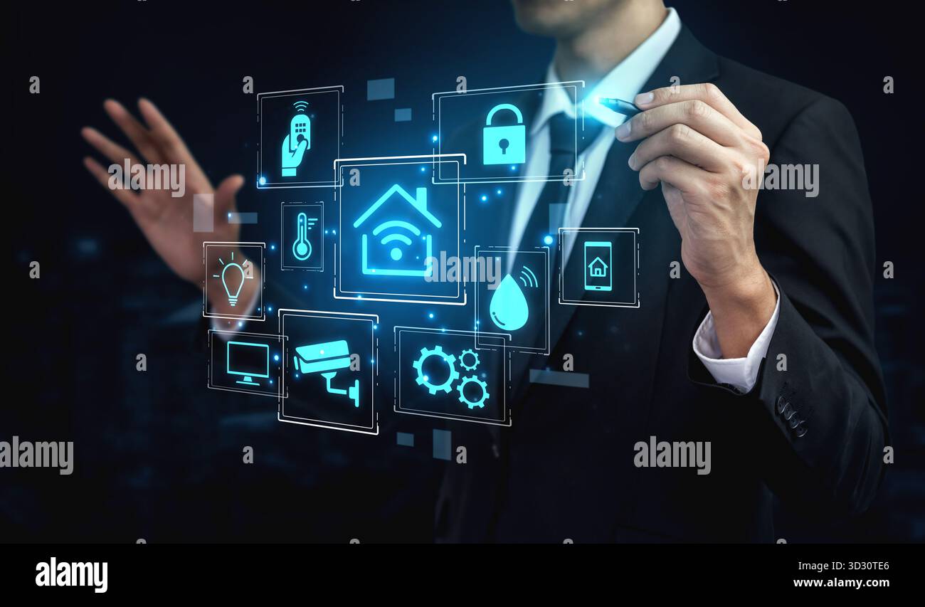 Concept of a smart home and the Internet of Things (IoT). A central ...