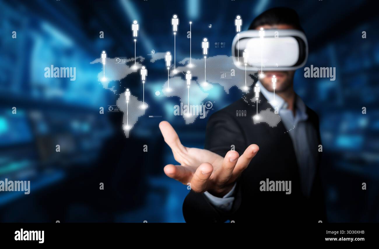 Explore the intersection of virtual reality and global networking, showcasing innovative technology that enhances communication and engagement among p Stock Photo