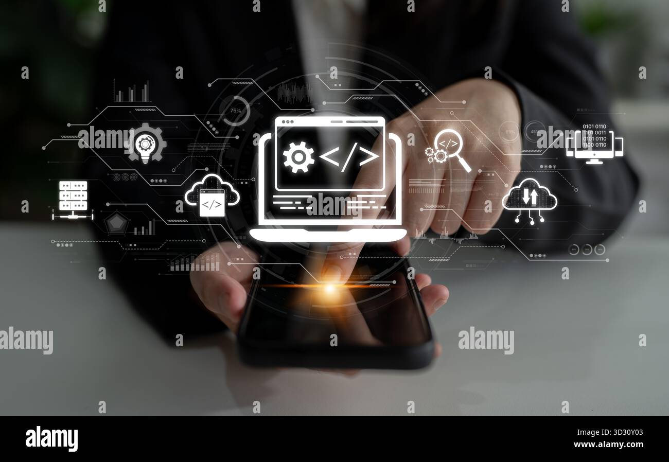 Modern web development concept featuring coding symbols, web development process, web development interface, and web development tools with futuristic Stock Photo