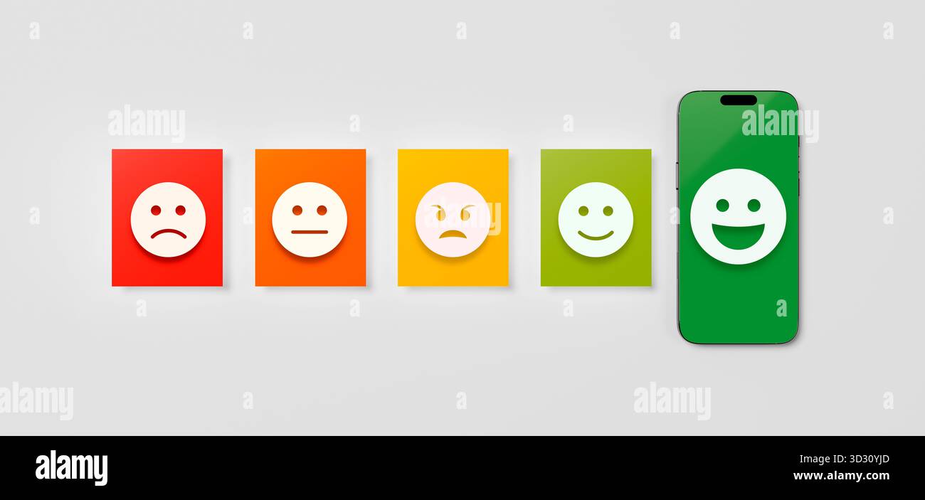 Customer satisfaction rating with emojis face and mobile phone. Excellent feedback and service experience on smartphone screen. Stock Photo