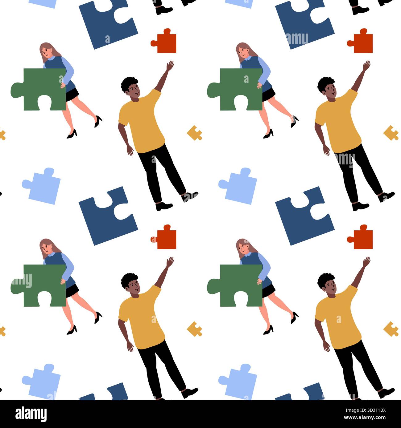 Creative team working with puzzle pieces in a vibrant collaborative environment Stock Vector