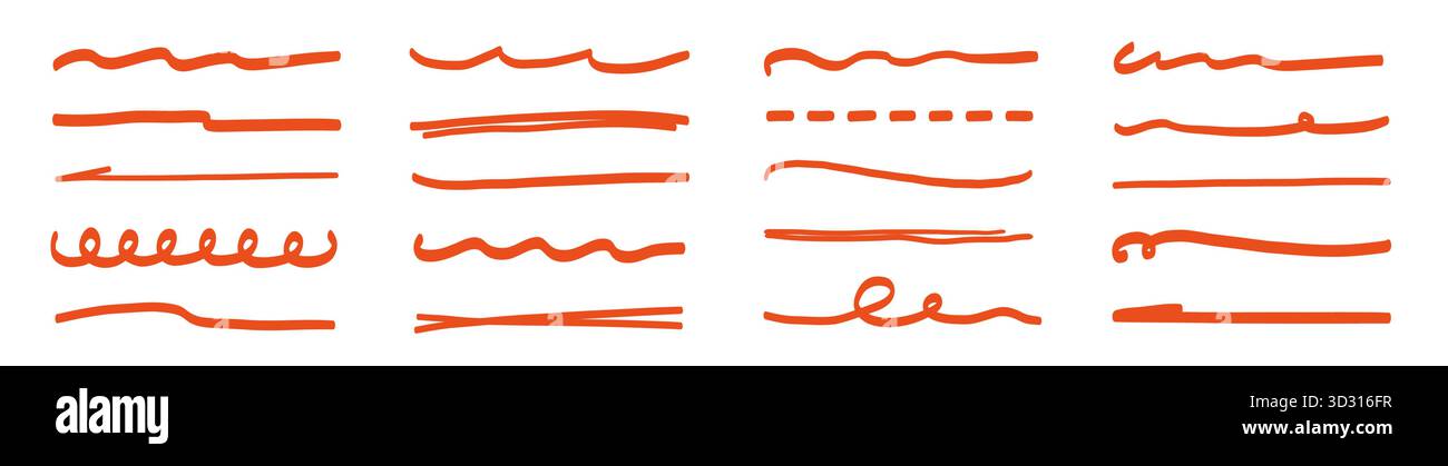 Underline Texture Line marker red underline set. Hand drawn red pen and brush stroke with ...