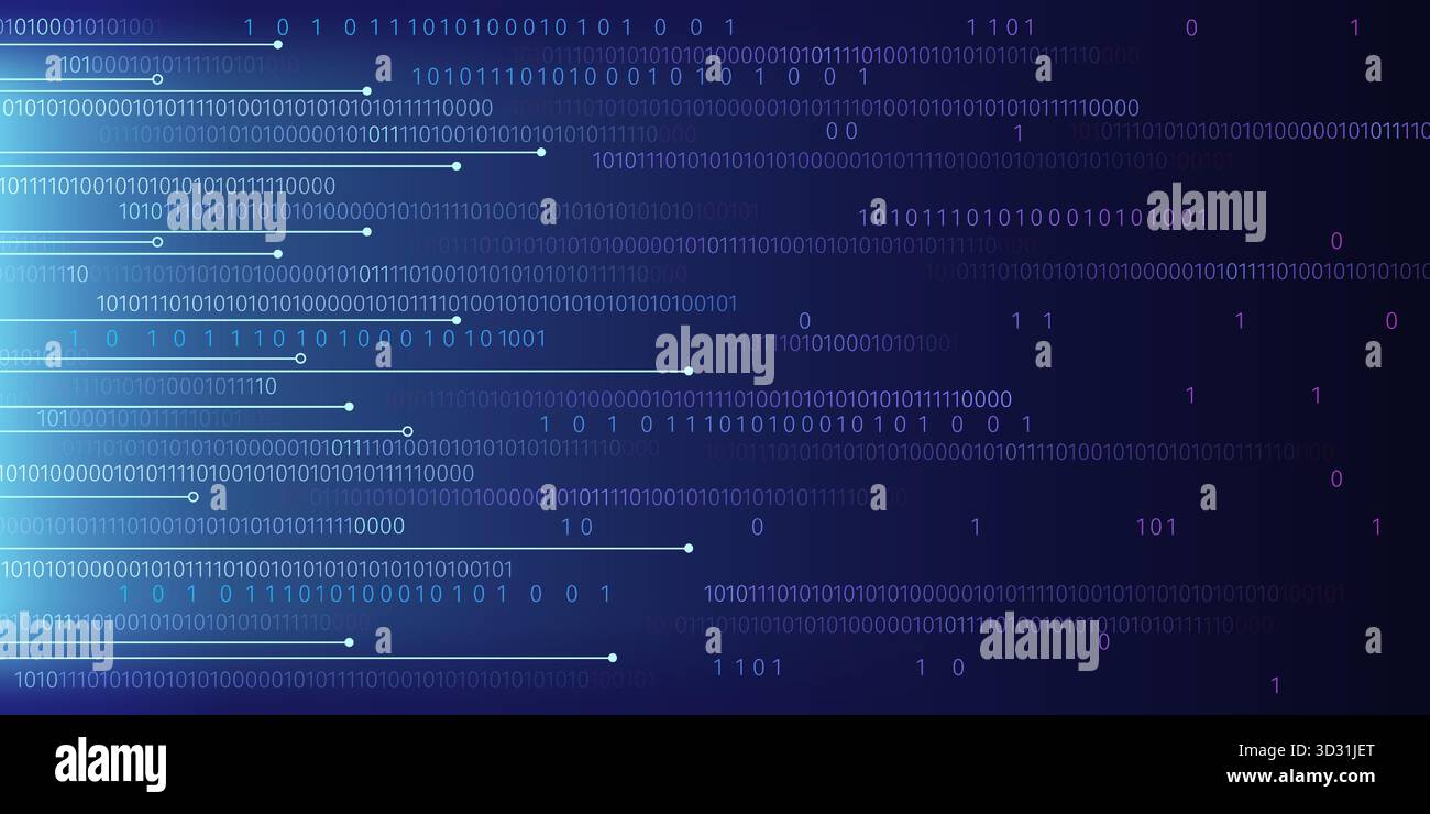 Binary code matrix on blue cyber background with abstract data streams and glowing lines. Technology concept with computer numbers in digital network pattern for futuristic programming visualization. Stock Vector