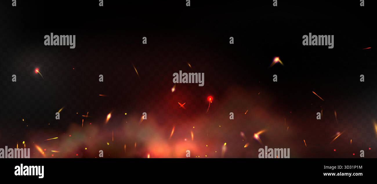 Orange fire sparks and smoke glowing on dark transparent background ...