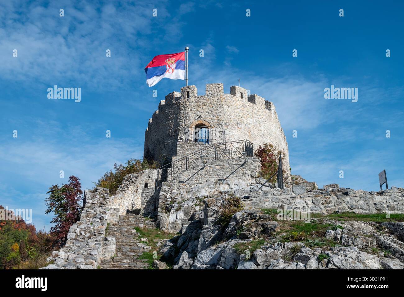 The Serbian flag flying above the keep of Stari Grad, old town fortress ...