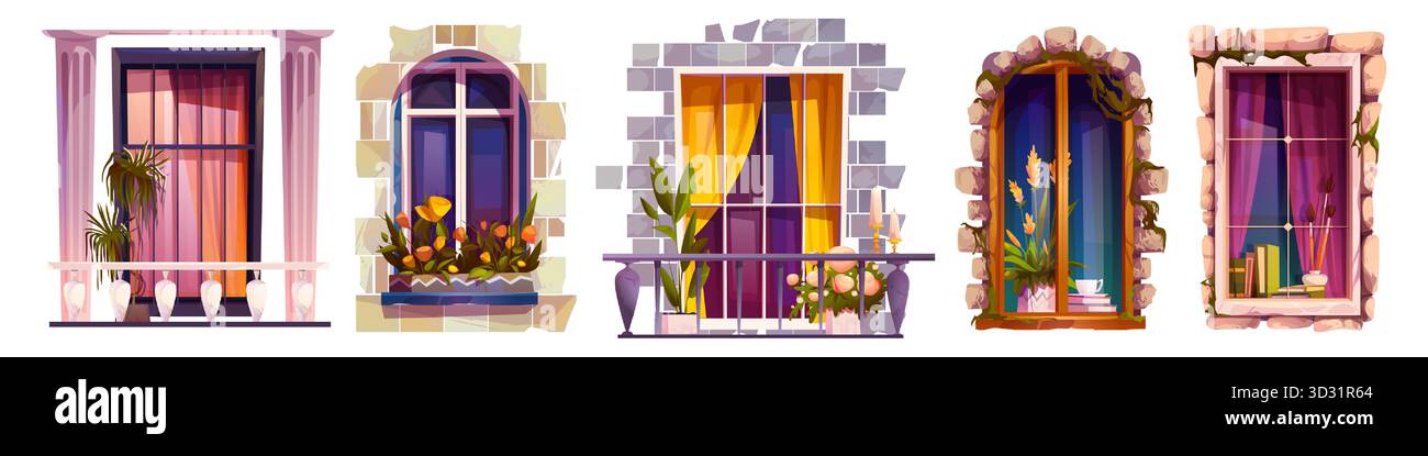 Decorative window shutter set with stone arches, balcony plants and ...