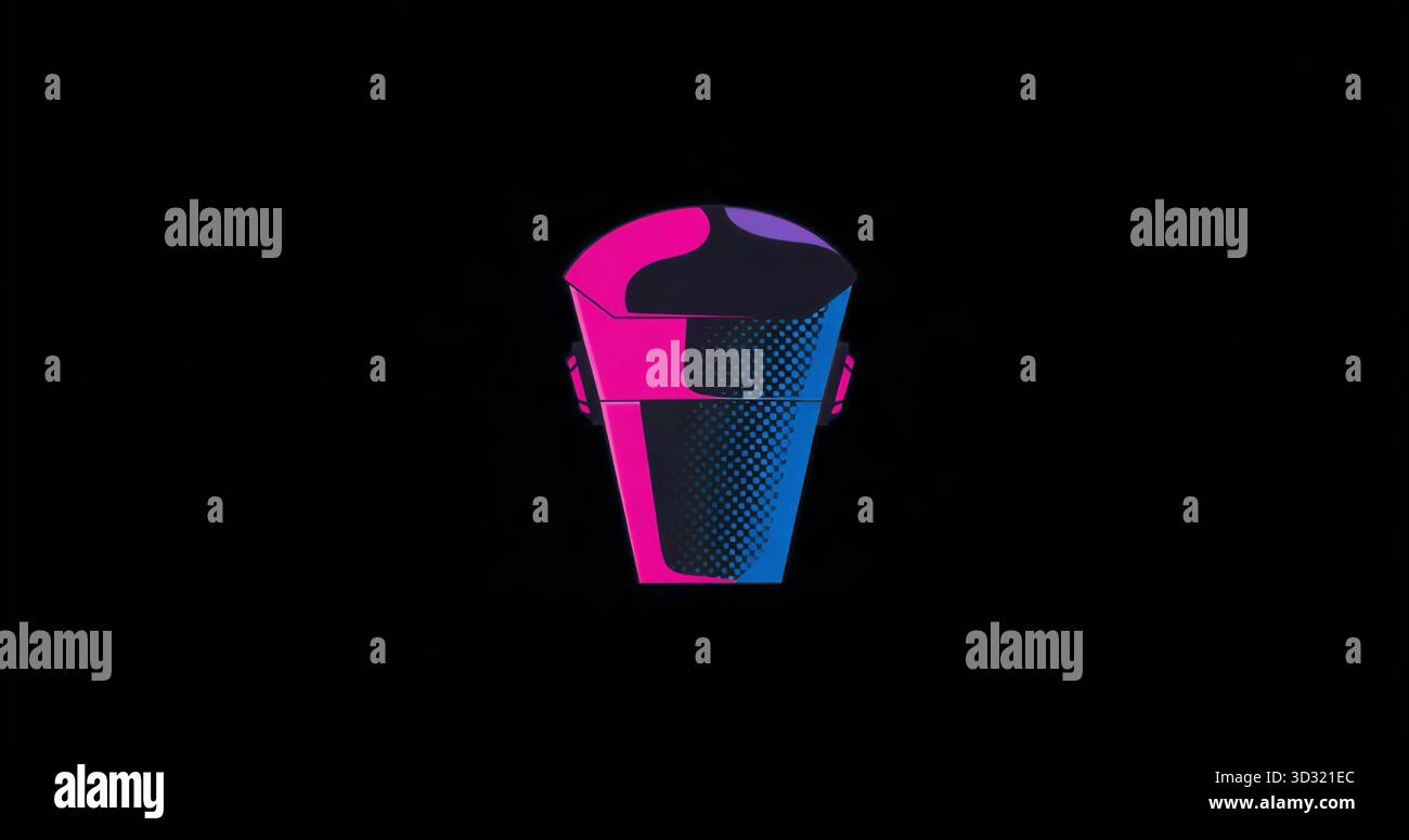 Displaying neon pink and blue stylized helmet graphic shining on black digital backdrop, futuristic Stock Photo
