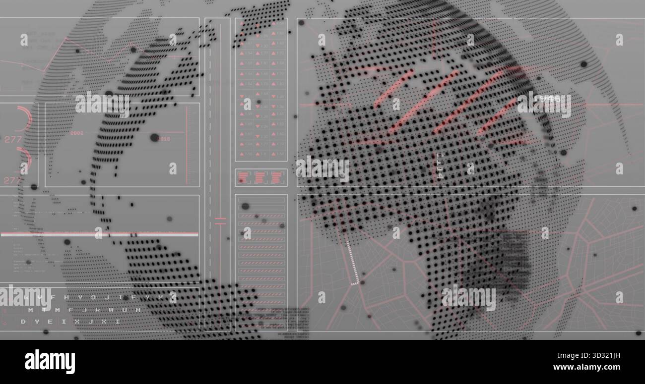 Displaying dotted globe on screen, featuring panels grid overlays numeric labels and network lines Stock Photo