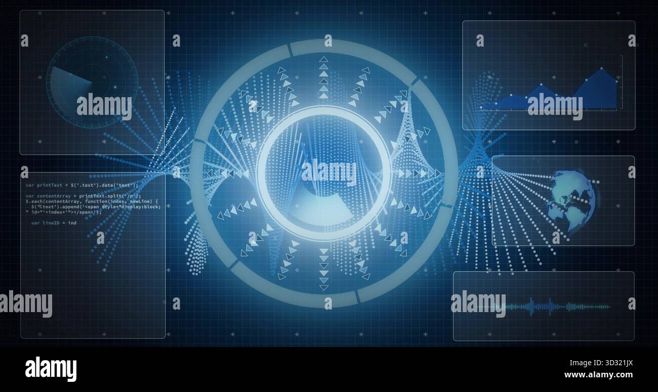 Displaying glowing circular data visualization chart on grid interface, with code snippet panel Stock Photo