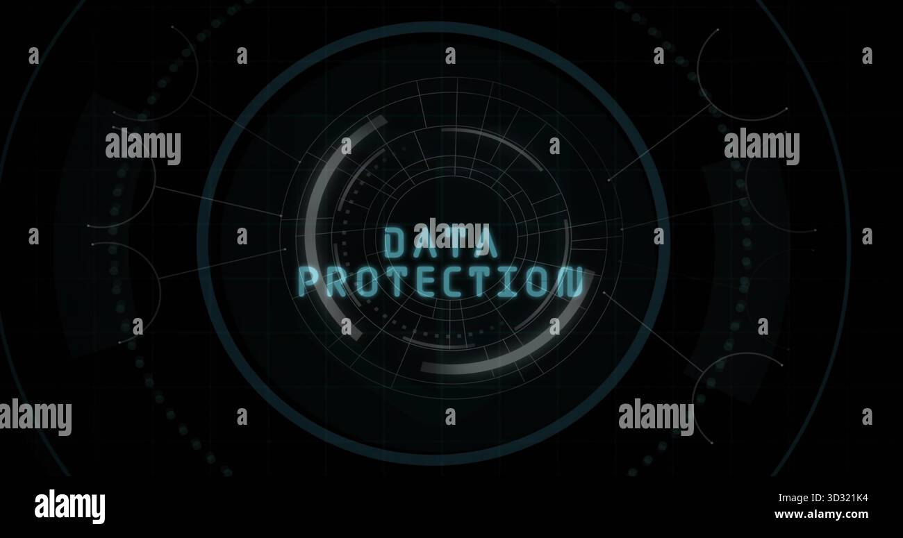 Displaying circular interface showing glowing cyan DATA PROTECTION text in virtual dashboard Stock Photo