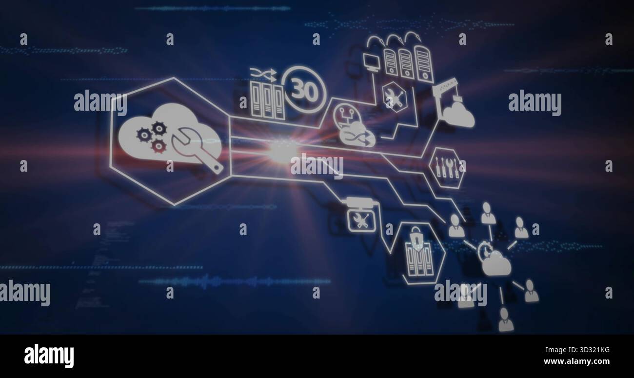 Displaying cloud workflow on digital interface, with cloud gear wrench icon and nodes Stock Photo