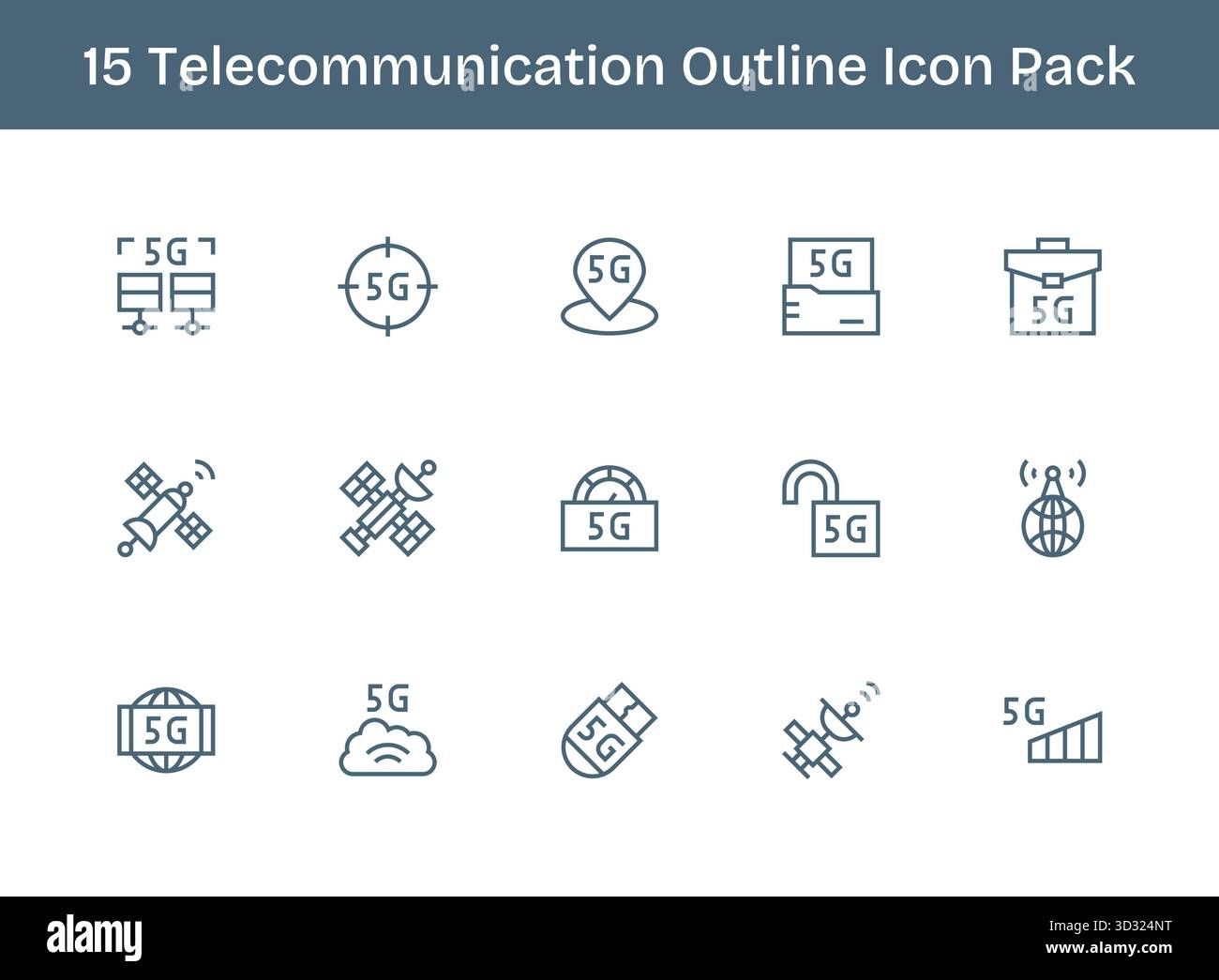 A clean collection of 15 Outline icons representing Telecommunication ...