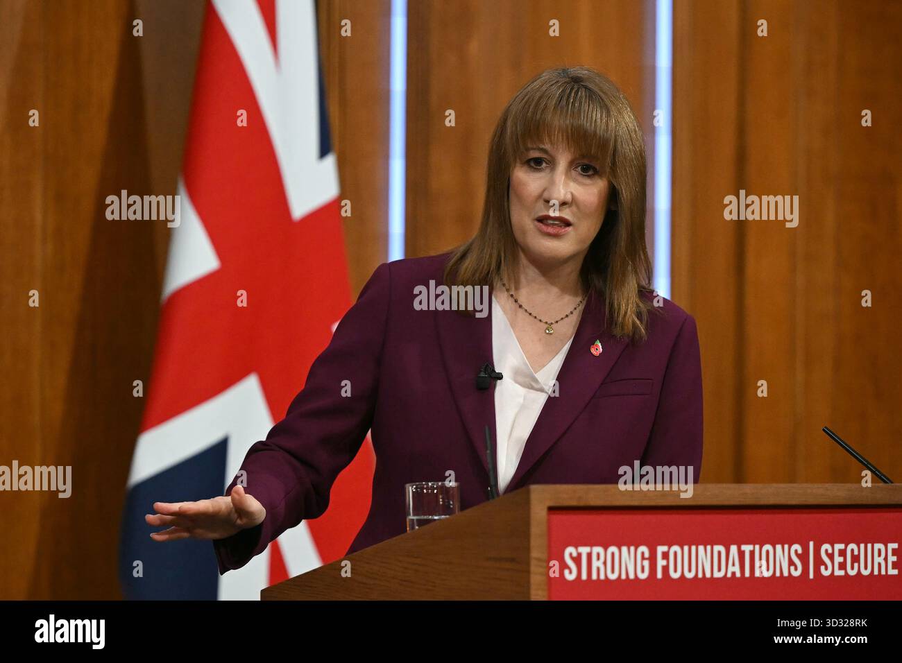 Britain's Chancellor of the Exchequer Rachel Reeves takes journalists ...
