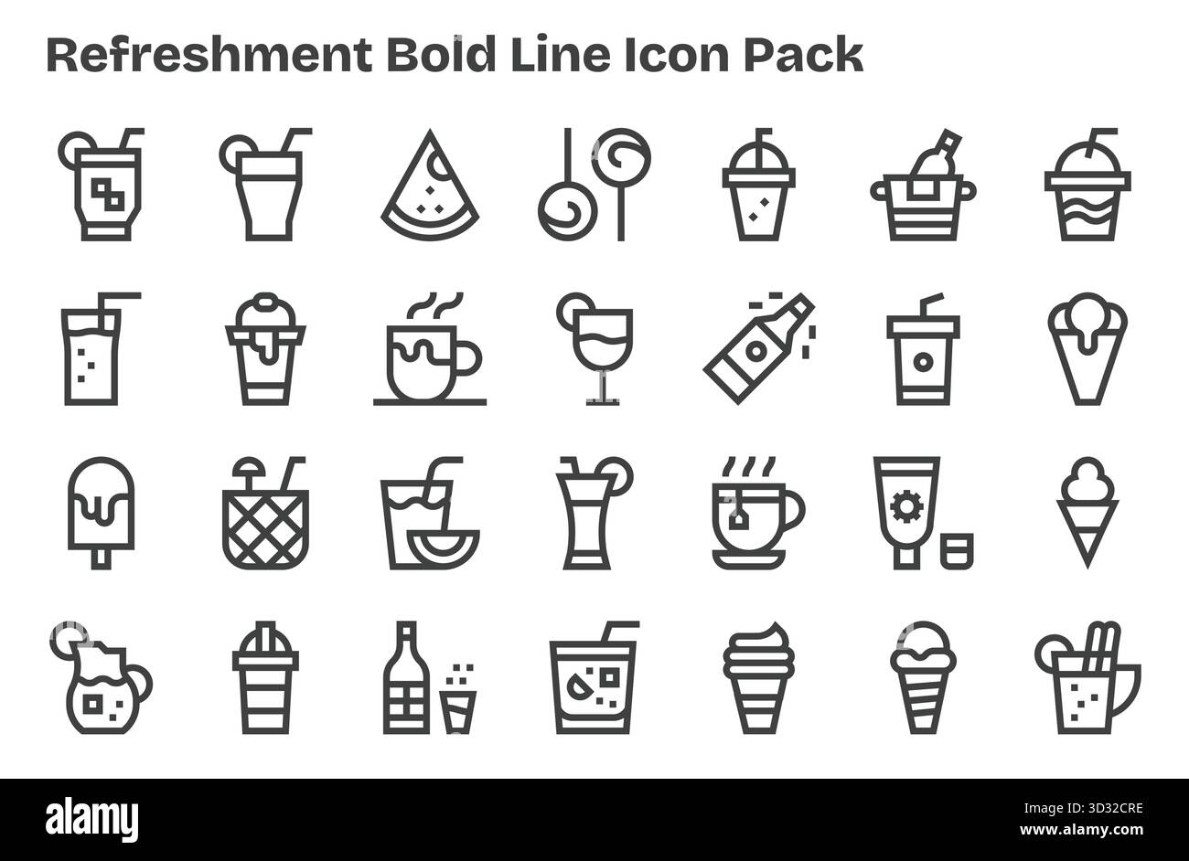Set of 28 Extra Bold Line-style icons themed around Refreshment ...