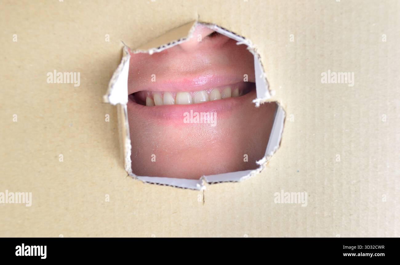 Hidden woman smiling behind a cardboard box Stock Photo - Alamy