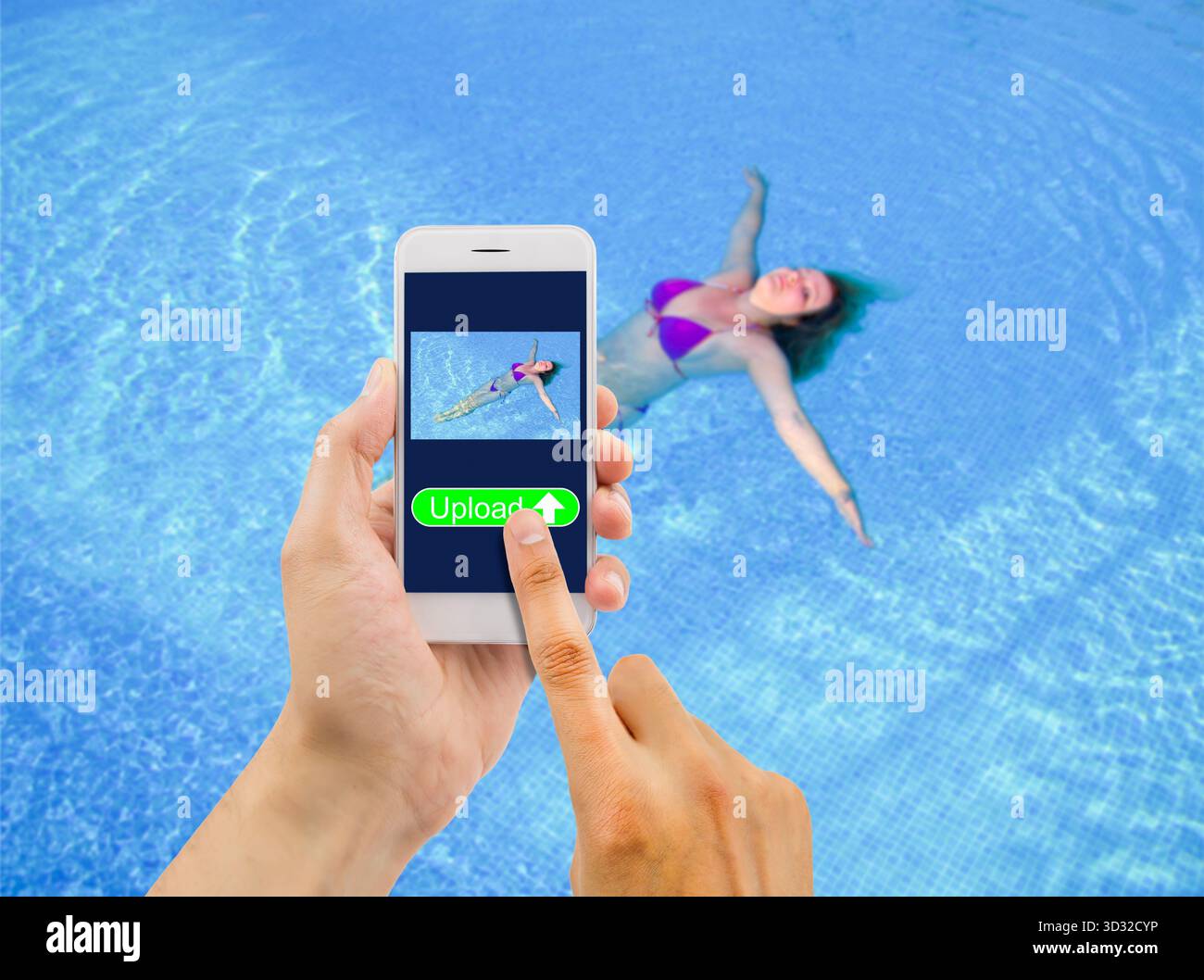 Closeup of a man taking a picture of a beautiful young woman in a colourful bikini floating on her back in crystal blue water and uploading it to the Stock Photo