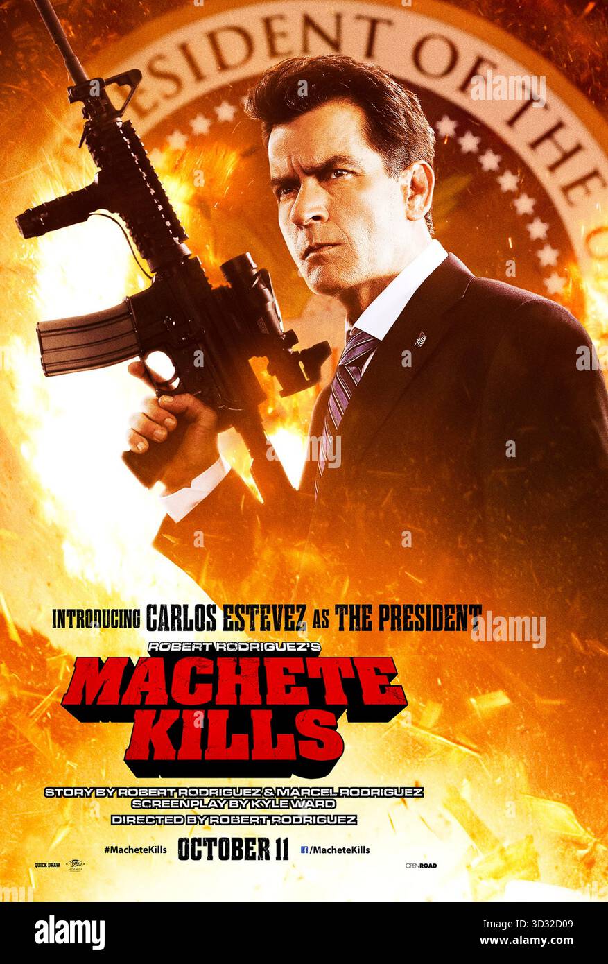 Machete Kills (2013) directed by Robert Rodriguez and starring Charlie Sheen (credited as Carlos Estevez) as President Rathcock, the eccentric U.S. President who sends Machete on an impossible mission against global chaos. US character poster EDITORIAL USE ONLY. Credit: BFA / Open Road Films Stock Photo