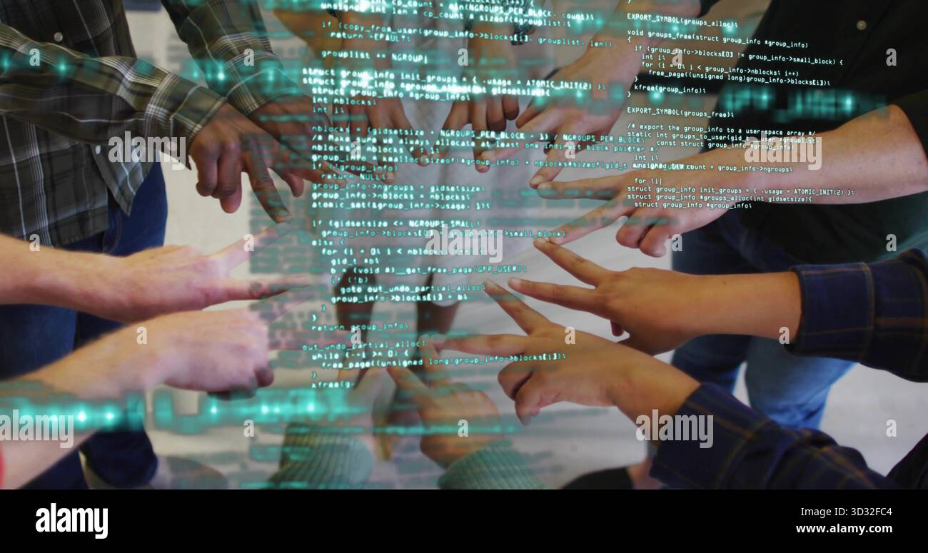 Pointing engineers' arms converging on floating code display in office area, with hologram lines Stock Photo