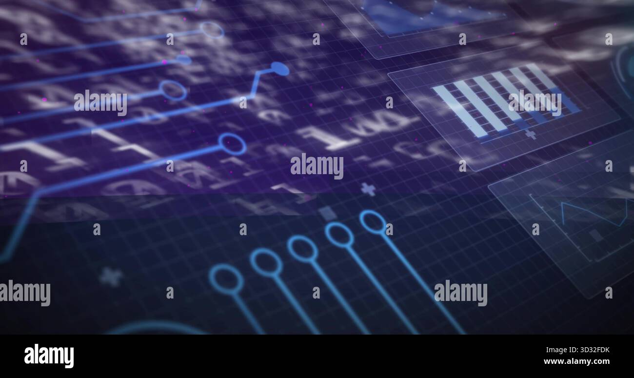 Displaying interface overlay in dashboard, with grid and circuit nodes, translucent panels Stock Photo