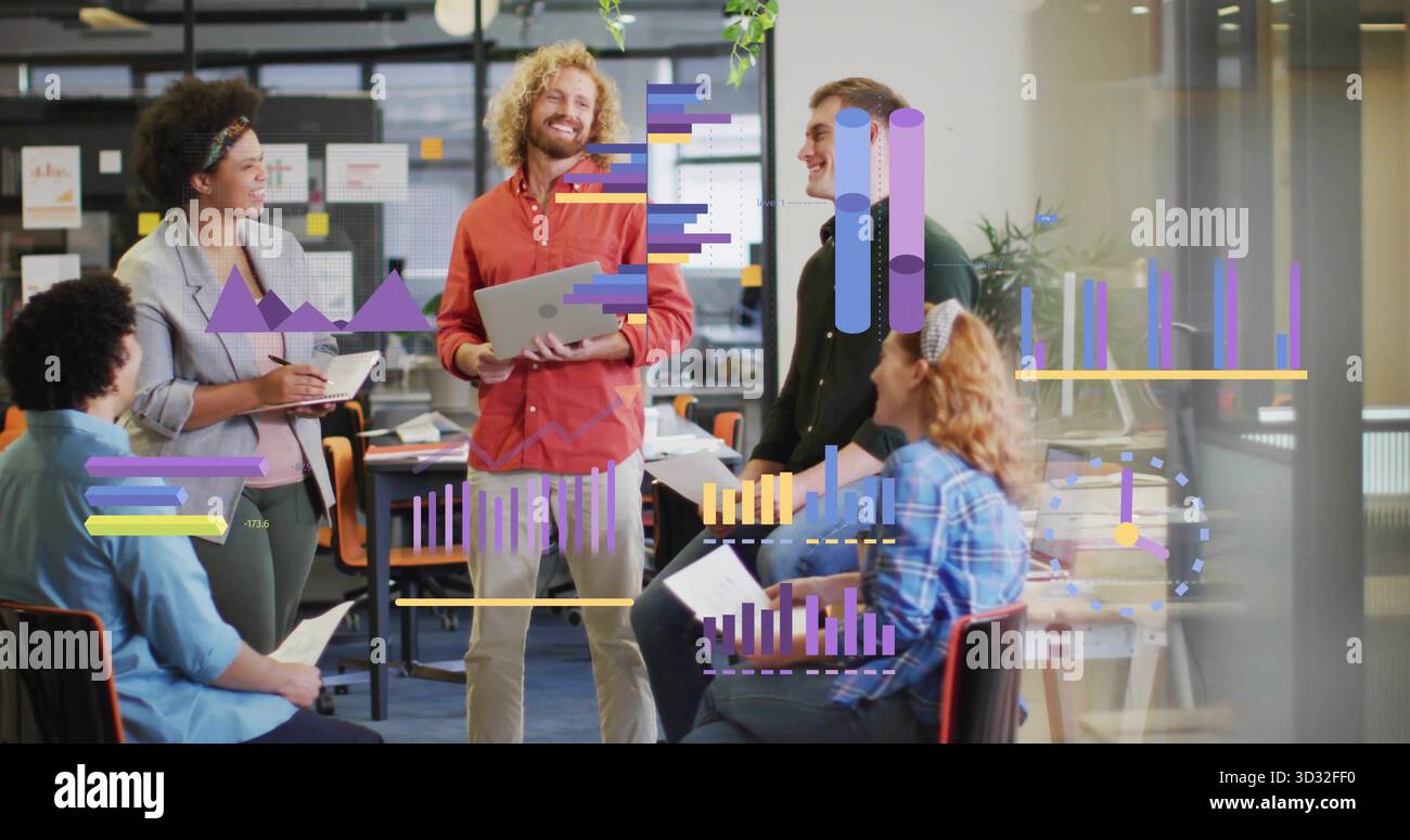 Collaborating five office professionals analyzing charts in modern open ...