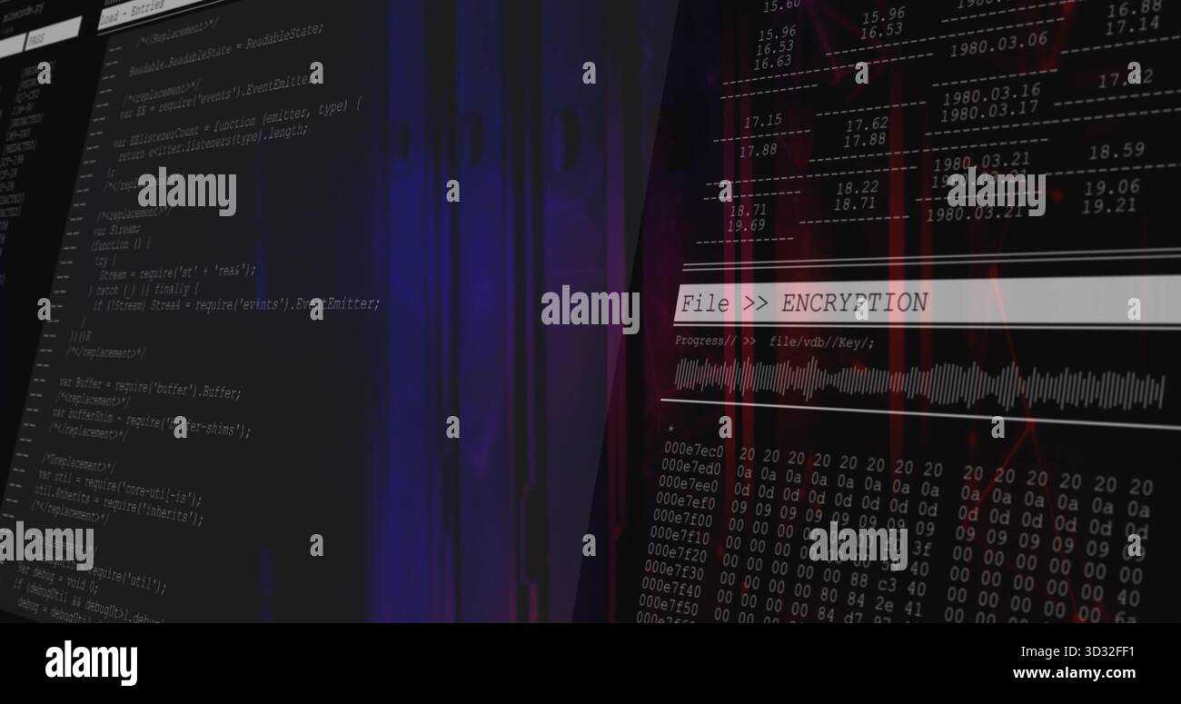 Displaying monitor showing code editor with encryption panel on dashboard, with hex dump output Stock Photo