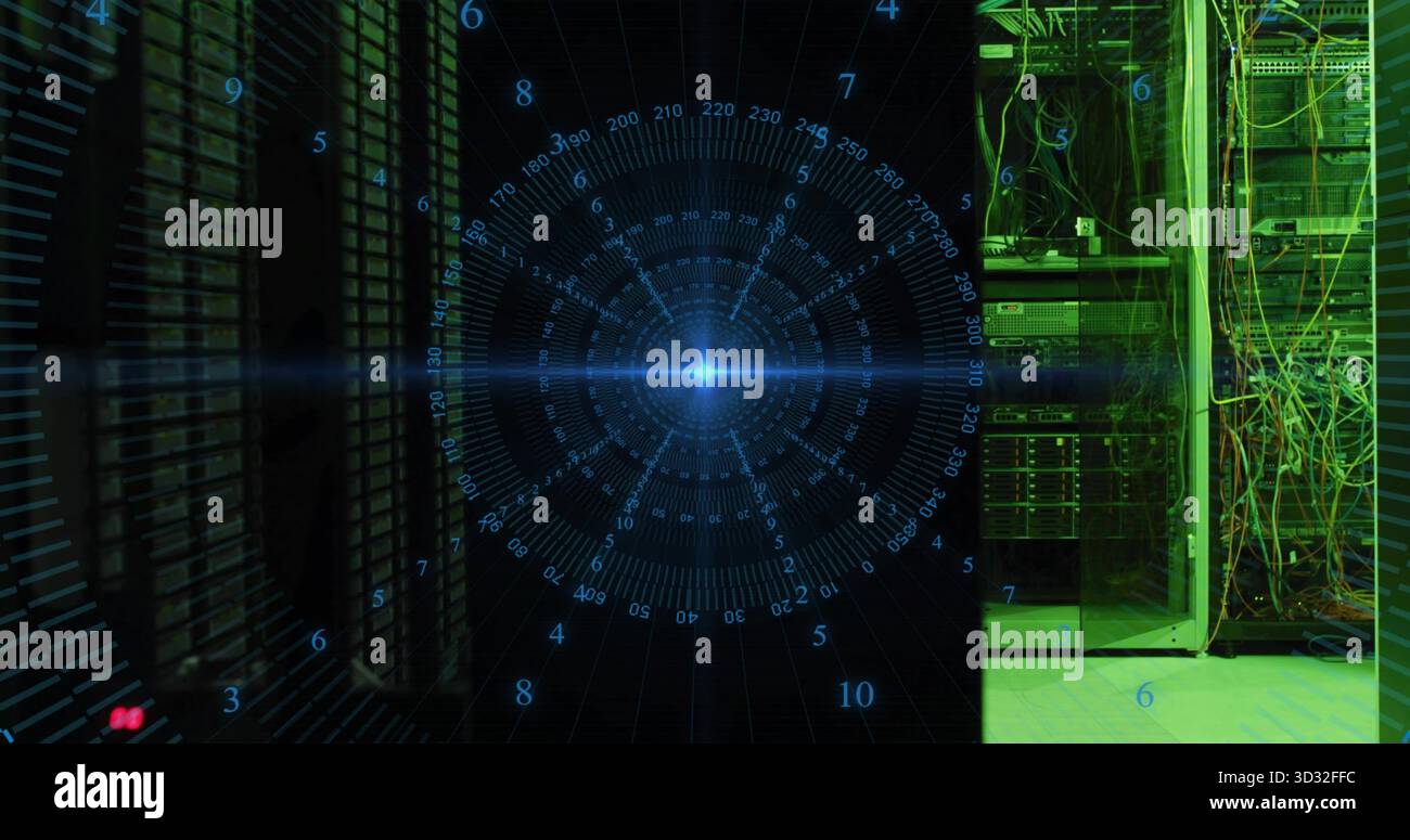 Displaying digital heads-up overlay glowing over data center, with server racks and network cables Stock Photo