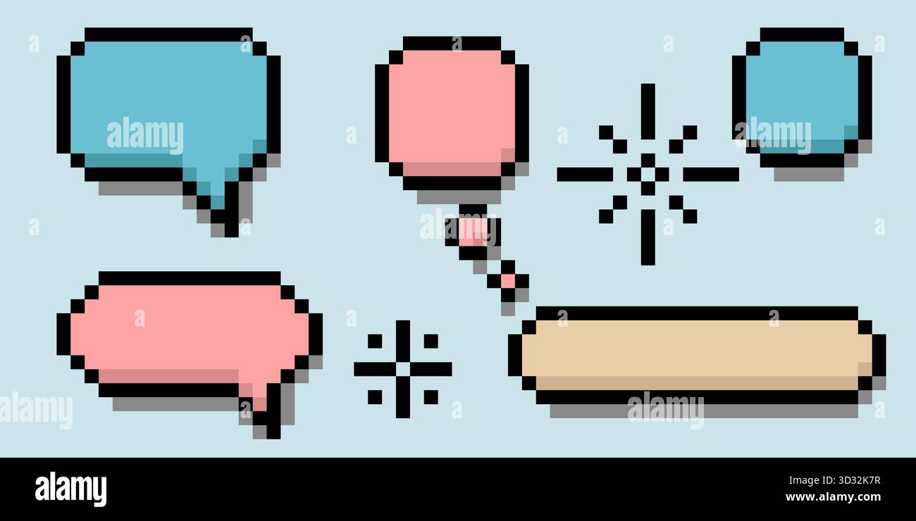 Cute pixel speech bubble set in pastel colors with frame elements and text boxes. 8 bit dialogue clouds for game development, mobile app interface Stock Vector