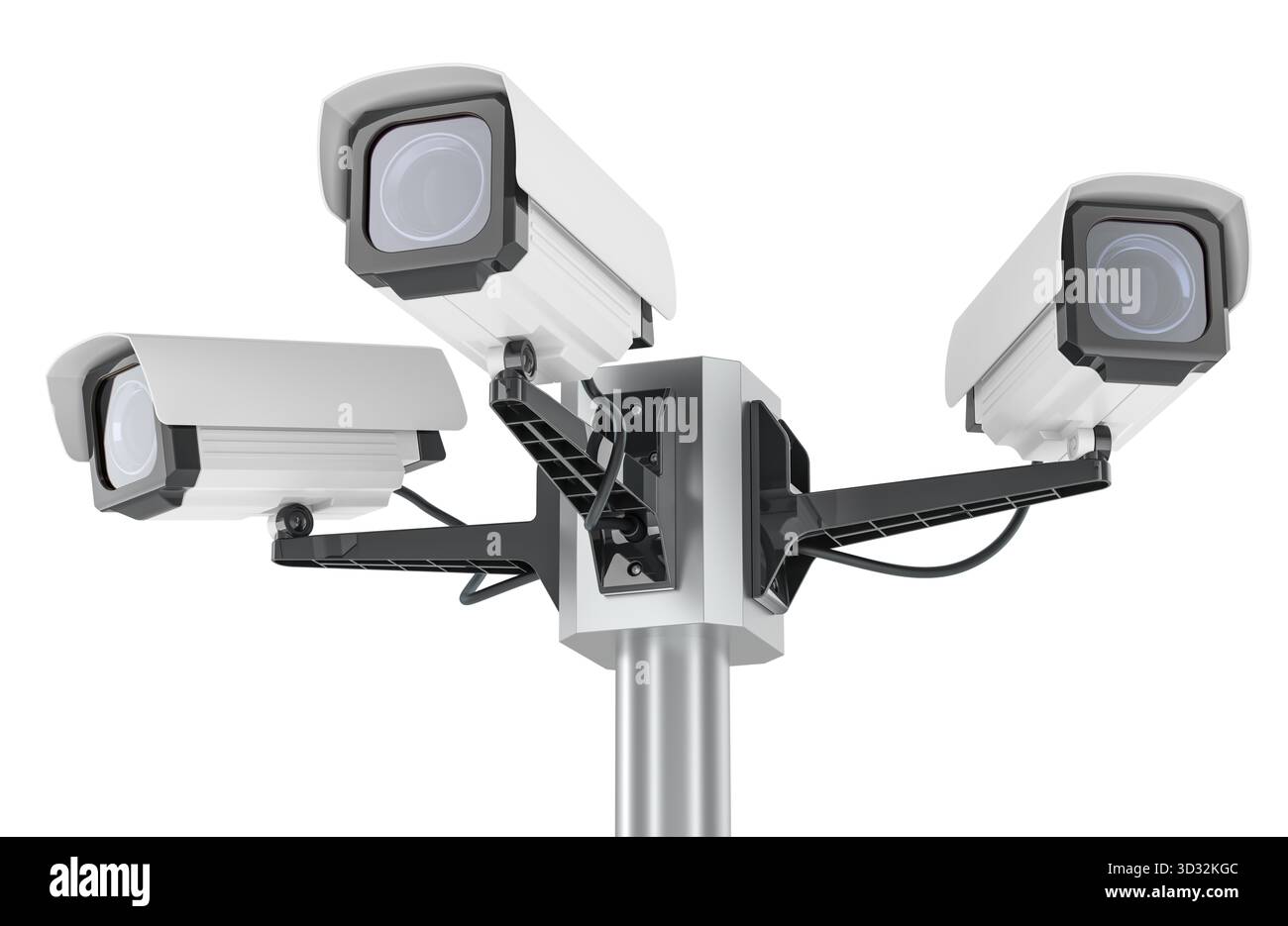 Security surveillance cameras mounted on a metal pole, facing different ...