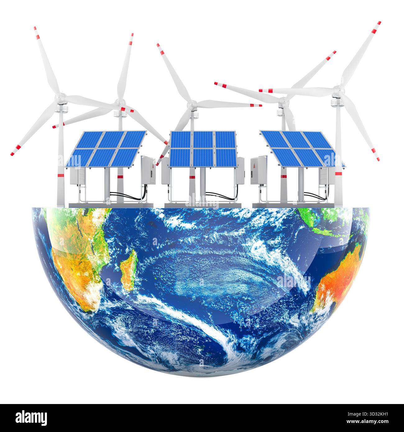 Renewable energy on Earth, solar panels and wind turbines. 3D rendering ...