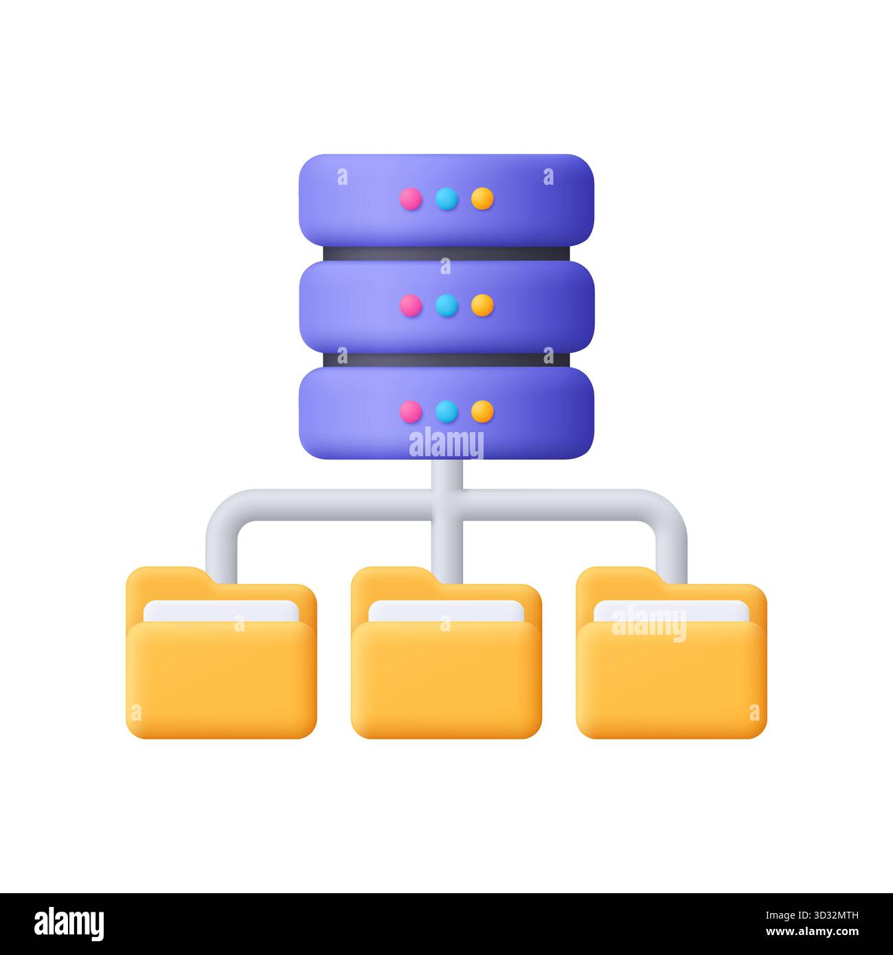 Purple server rack connected to three yellow folders. Data storage, cloud computing, file management, network organization and information technology Stock Vector