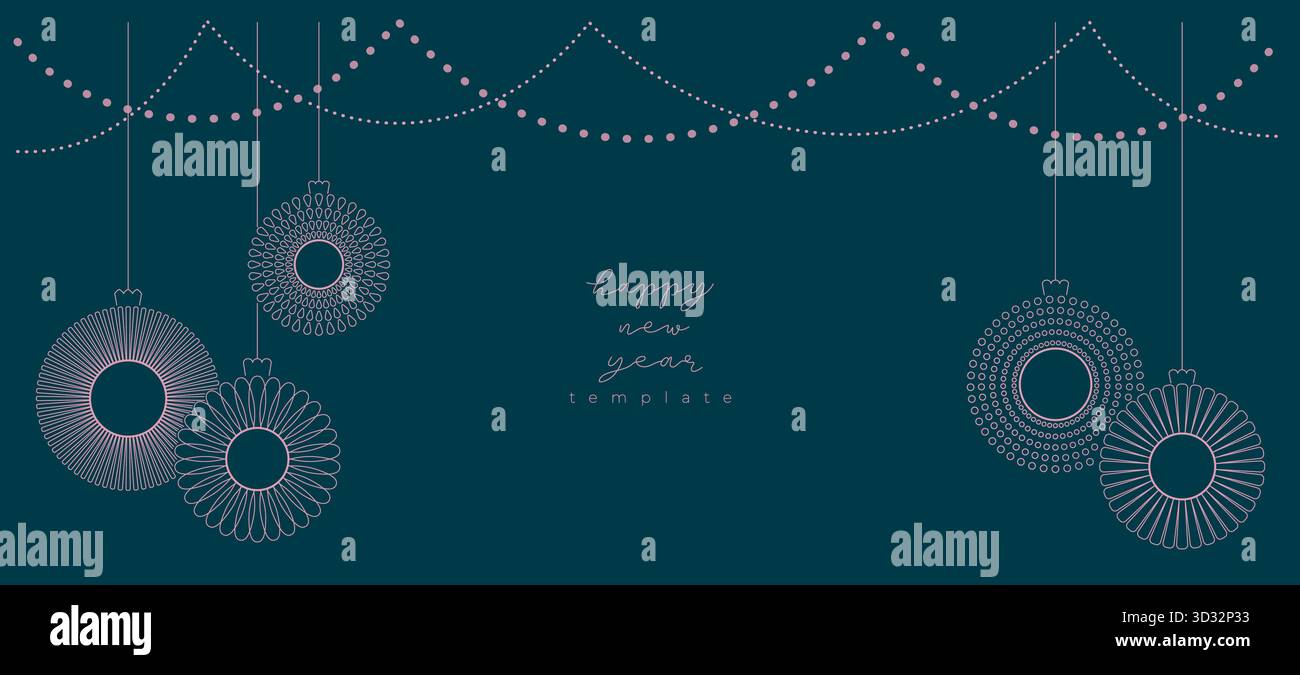 Line Happy new year, Christmas luxury banner, card with simple toy, ball, bauble on blue background. Festive winter holiday modern minimalist vector Stock Vector