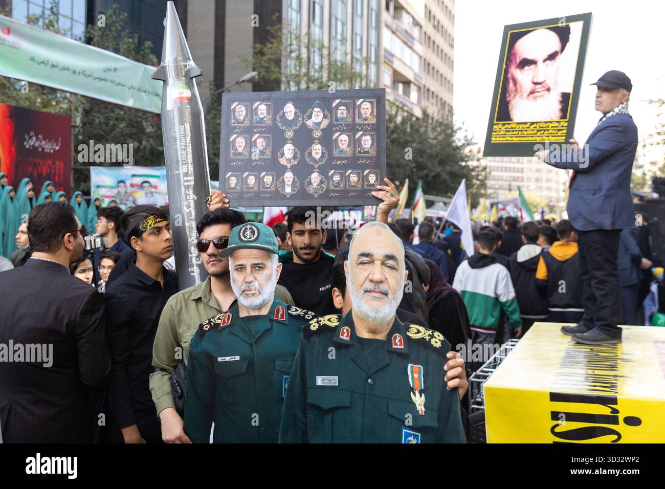 Tehran, Iran. 04th Nov, 2025. Protesters carry an effigy of Hossein Salami, the former IRGC commander reportedly killed by Israel during a rally marking the 46th anniversary of the U.S. Embassy takeover. Credit: SOPA Images Limited/Alamy Live News Stock Photo